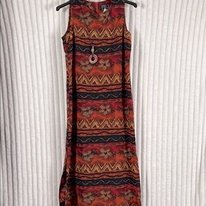 Vtg Katlyn O’Farrell sleeveless crinkle South American tribal print dress 12